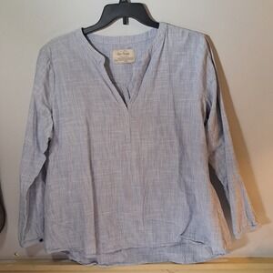 Old Ranch Womens Long Sleeve Shirt Size 2X Blue 100% Cotton V Neck